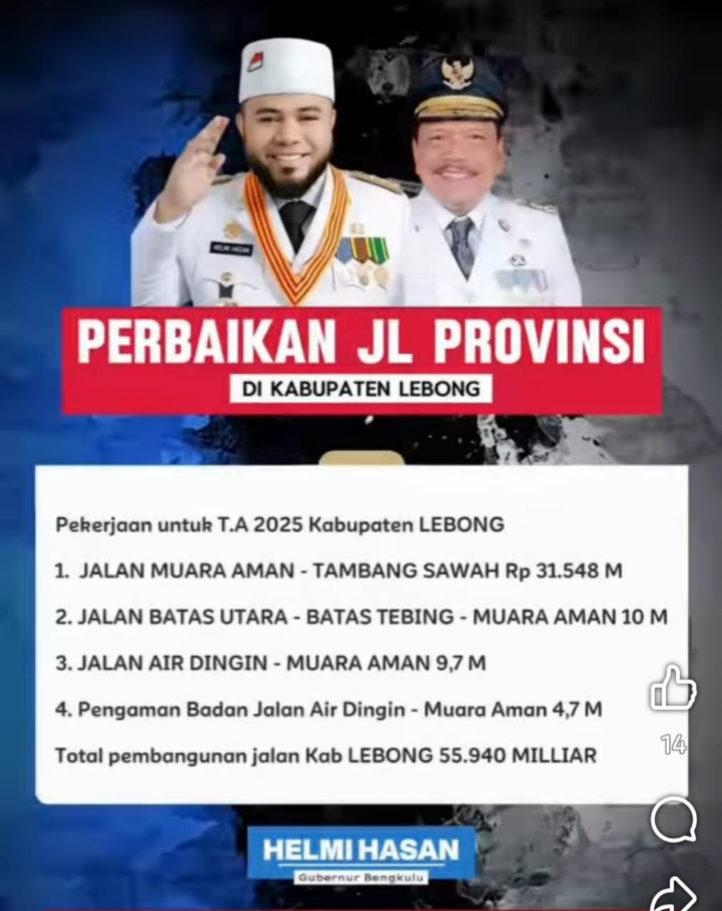 Pemerintah Provinsi Bengkulu menganggarkan 55,9 M tahun 2025 untuk pembangunan infrastruktur jalan yang merupakan kewenangan Pemprov di Kabupaten Lebong. Beberapa ruas akan segera dibangun, diantaranya : 1. Jalan Muara Aman hingga Tambang Sawah senilai 31,5 M 2. Jalan batas Utara hingga Batas Tebing sampai Muara Aman senilai 10 M 3. Jalan Air Dingin hingga Muara Aman senilai 9,7 M 4. Pengamanan badan jalan Air Dingin hingga Muara Aman senilai 4,7 M Gubernur Bengkulu Helmi Hasan menjelaskan bahwa Jalan kewenangan Pemerintah Provinsi Bengkulu akan mulai dibangun termasuk juga yang ada di Kabupaten Lebong. “Tahun iko pokoknyo jalan Provinsi yang ada di Kabupaten Kota tahun iko mulai dibangun, untuk lebong itu totalnya 55,9 miliar,” jelas Helmi di Video Media Center.