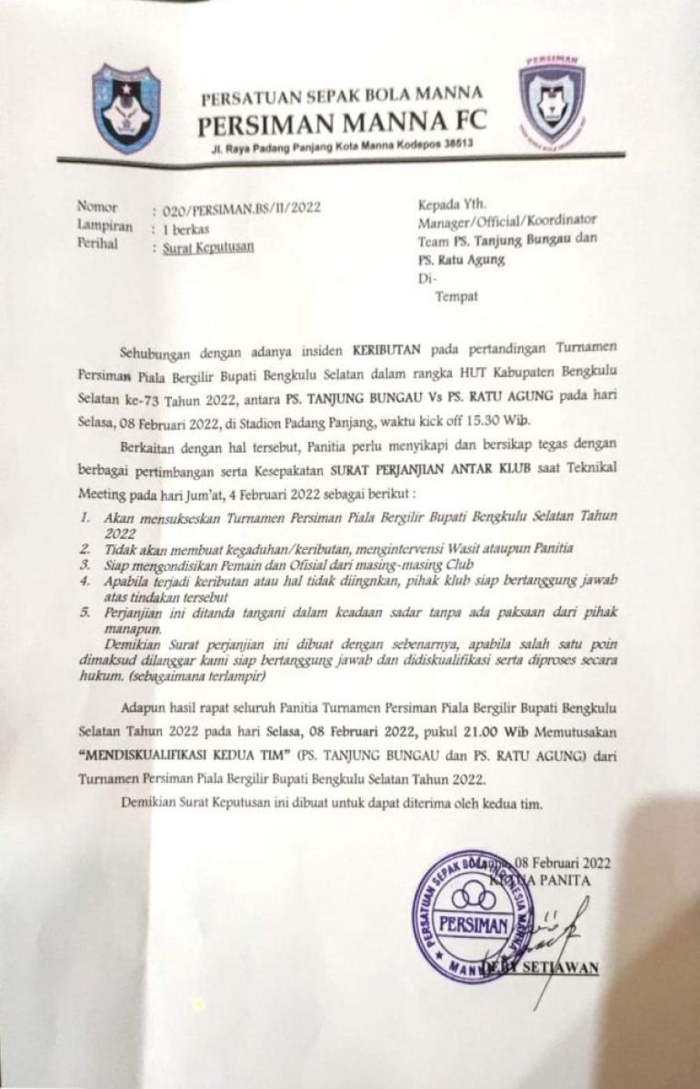 2 Tim Turnamen Persiman Bupati Cup Didiskualifikasi