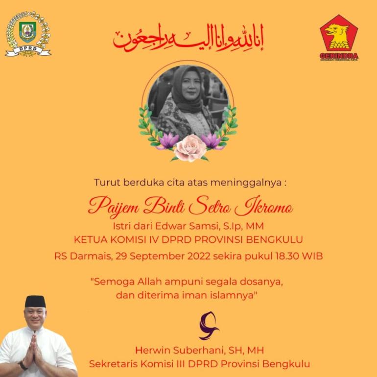 Dewan Provinsi Turut Berbelasungkawa Atas Wafatnya Istri Edwar Samsi